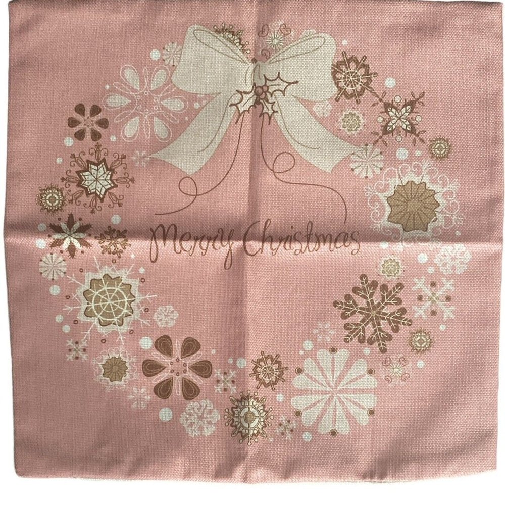 Merry Christmas Throw Pillow Cover 17 x 17 Pink & Cream Zip Closure Snowflakes